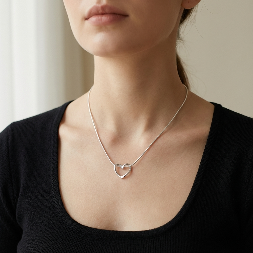 Срібне намисто 925 ЕНДЖІ на шиї — мінімалістичний кулон з відкритим серцем

