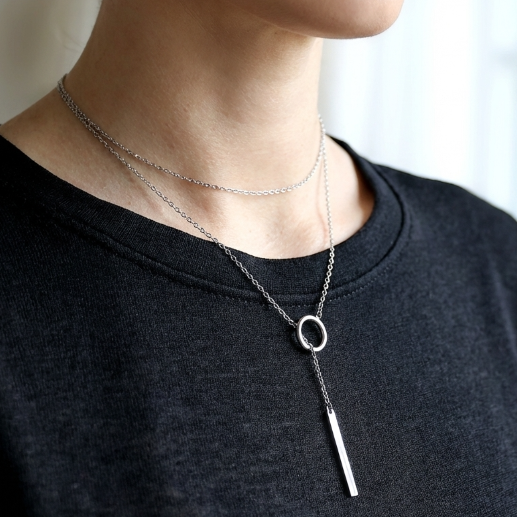 Подвійне кольє чокер на шию зі срібла 925  БЕЛЛА  — 10 Crystals - паличка з кільцем на ланцюжку