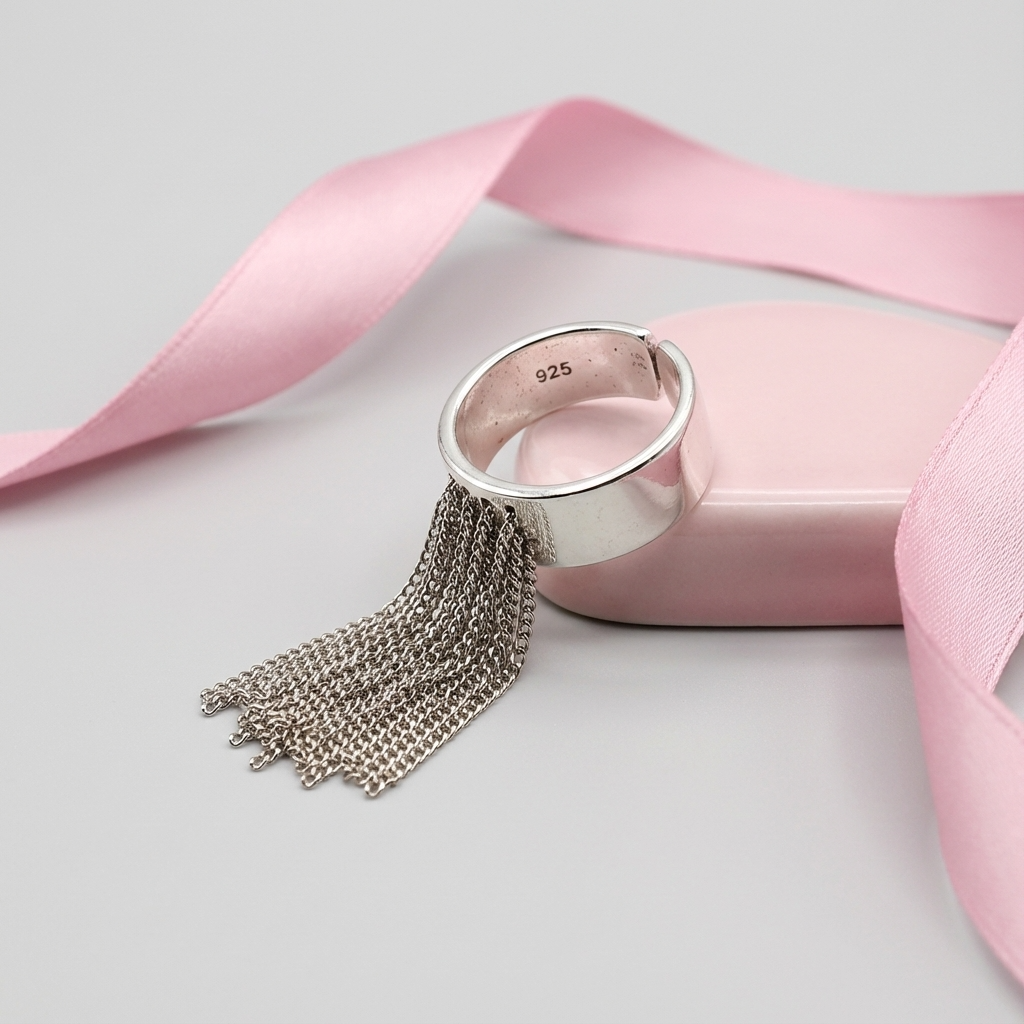 Срібна каблучка з ланцюжками НАДІЯ, регульоване срібне колечко з ланцюжками — 10 Crystals
