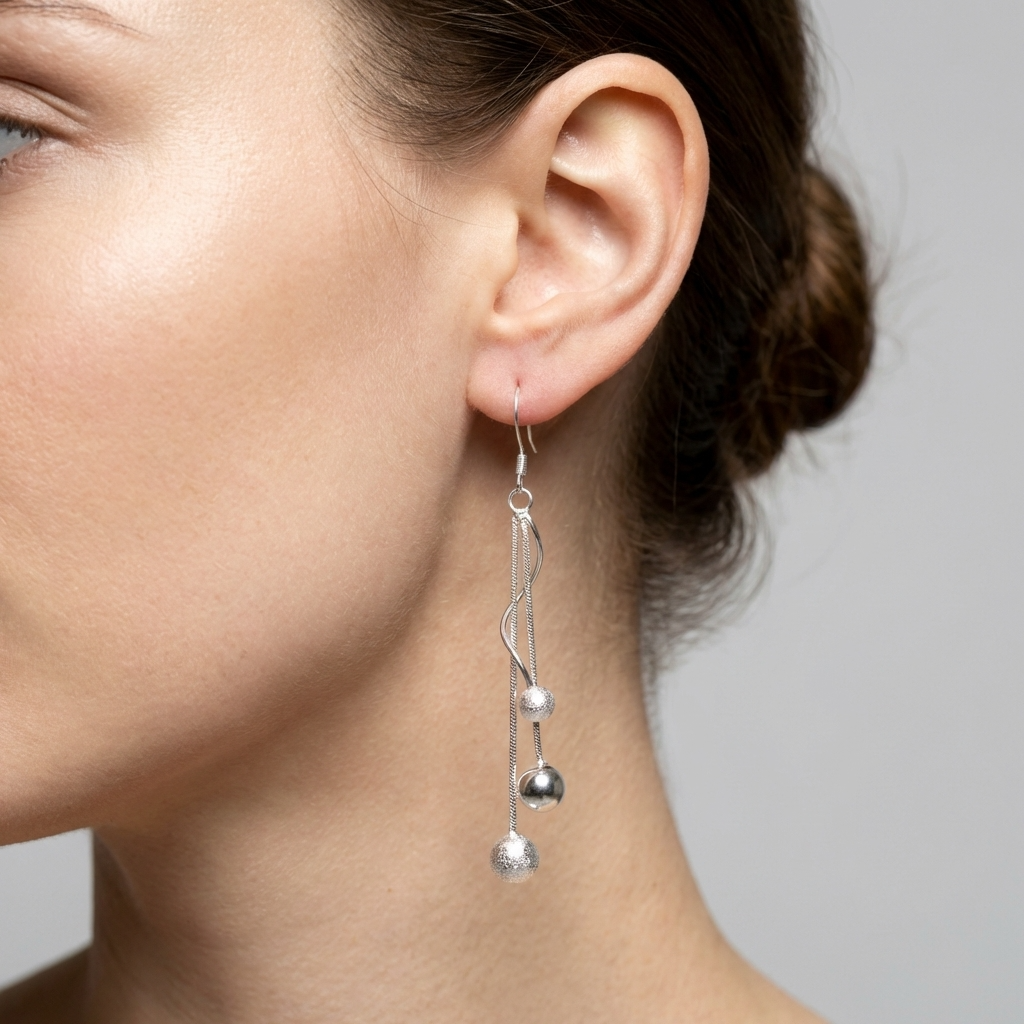 Срібні сережки з рухомими ланцюжками та кульками. Сферичний дизайн. Безкоштовна доставка. Відправка у день замовлення.