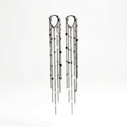 Срібні сережки конго з ланцюжками — 10 Crystals. Кульчики  з висюльками для жінок.